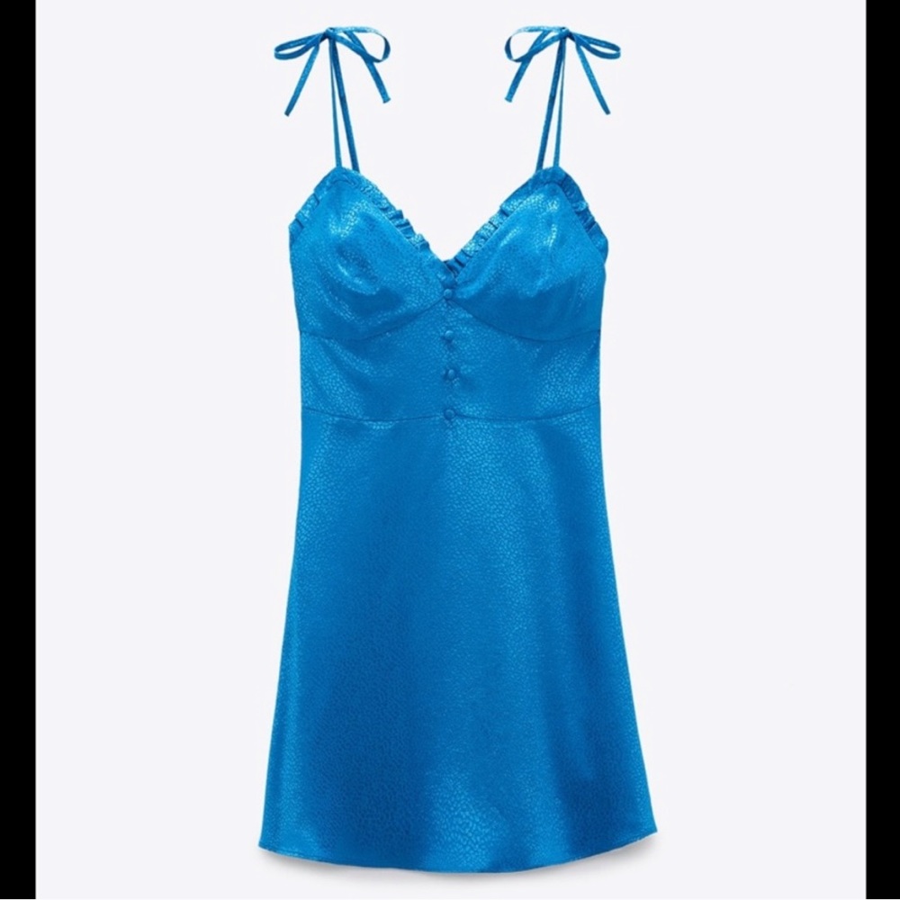 Zara Satin effect bright blue button mini dress